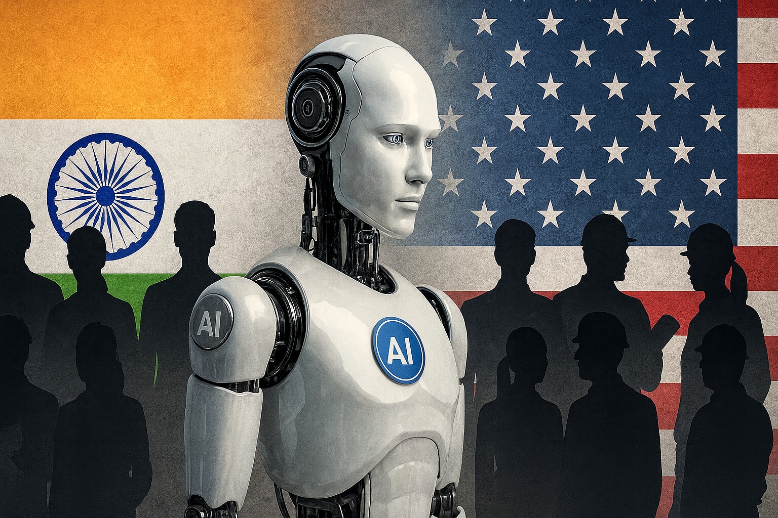 AI Job Risk 2025 India vs USA — robot in front of India and USA flags showing workforce automation risk