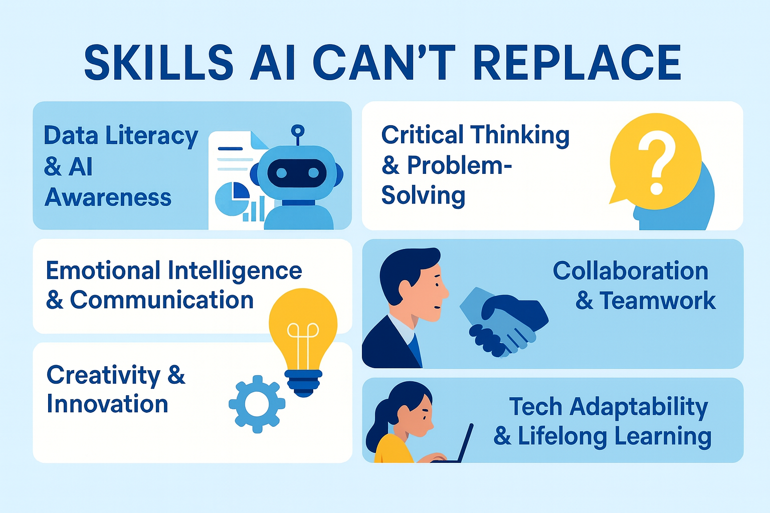 Infographic highlighting key skills AI cannot replace, including data literacy, AI awareness, critical thinking, problem-solving, creativity, innovation, emotional intelligence, communication, and lifelong learning for career success.