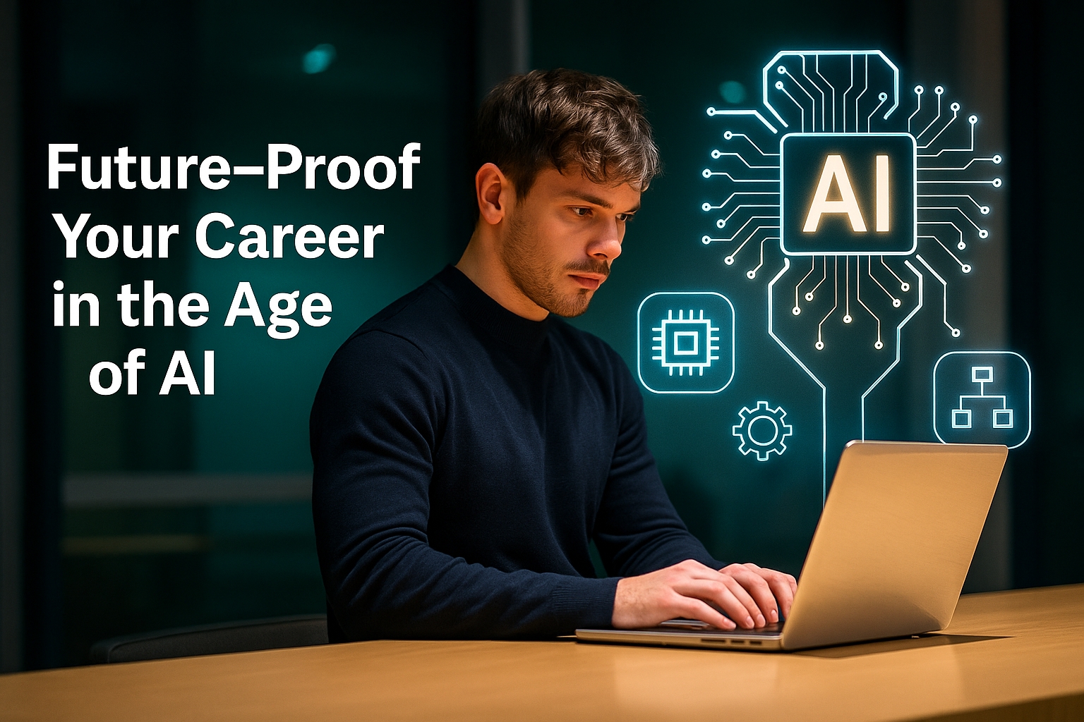 Young professional working on a laptop with AI graphics and heading Future-Proof Your Career in the Age of AI, representing how to build a future-proof career.