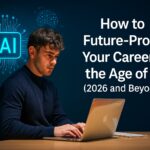 Young professional working on laptop with AI technology graphic and heading Future-proof your Career in the Age of AI – concept of building a future-proof career.