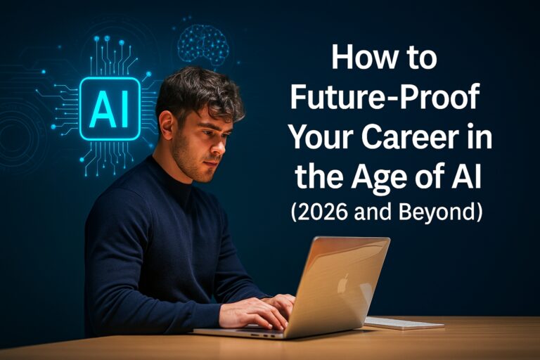 Young professional working on laptop with AI technology graphic and heading Future-proof your Career in the Age of AI – concept of building a future-proof career.
