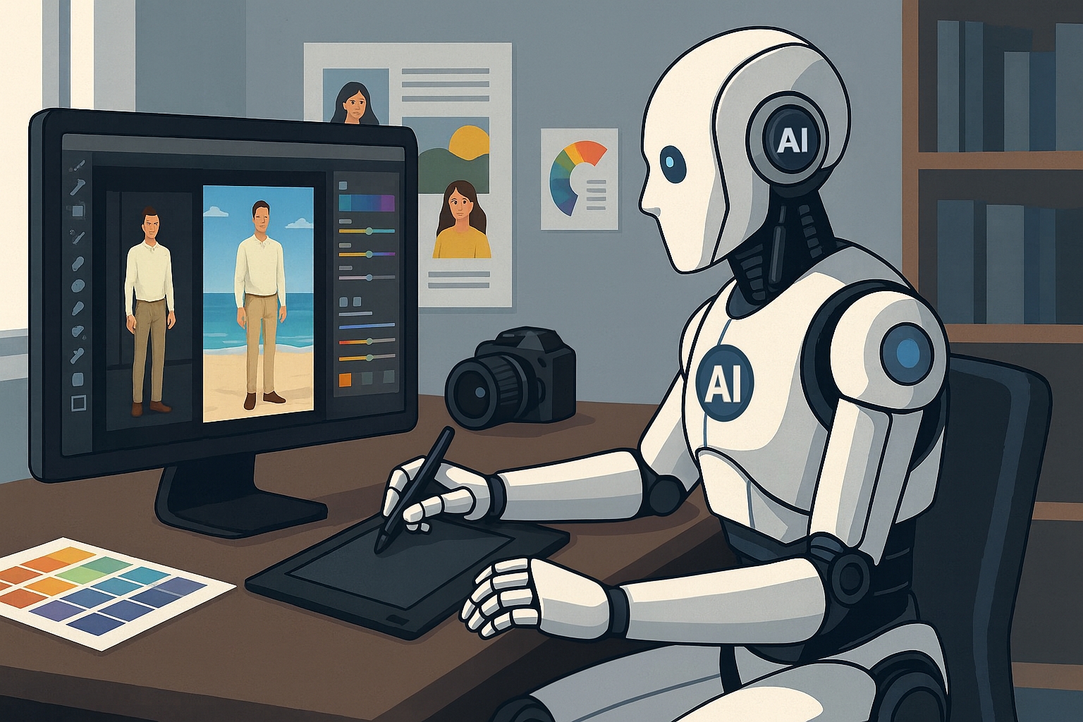 AI robot editing photos and doing graphic design, showing impact of Google Nano Banana AI on future work in India.