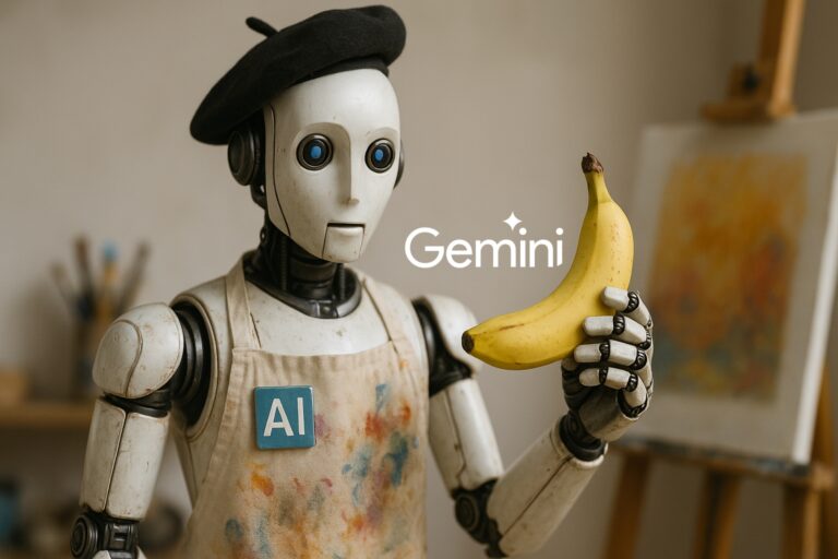 AI robot holding a banana with Gemini logo, symbolizing Google’s Nano Banana AI and its impact on future jobs.