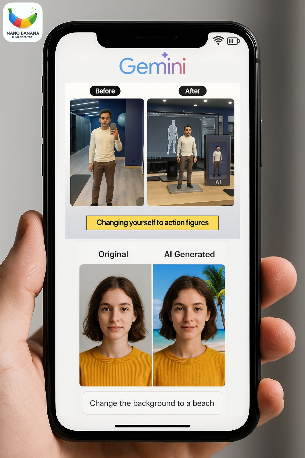 Google Nano Banana AI demo showing before and after edits, with background change and action figure transformation