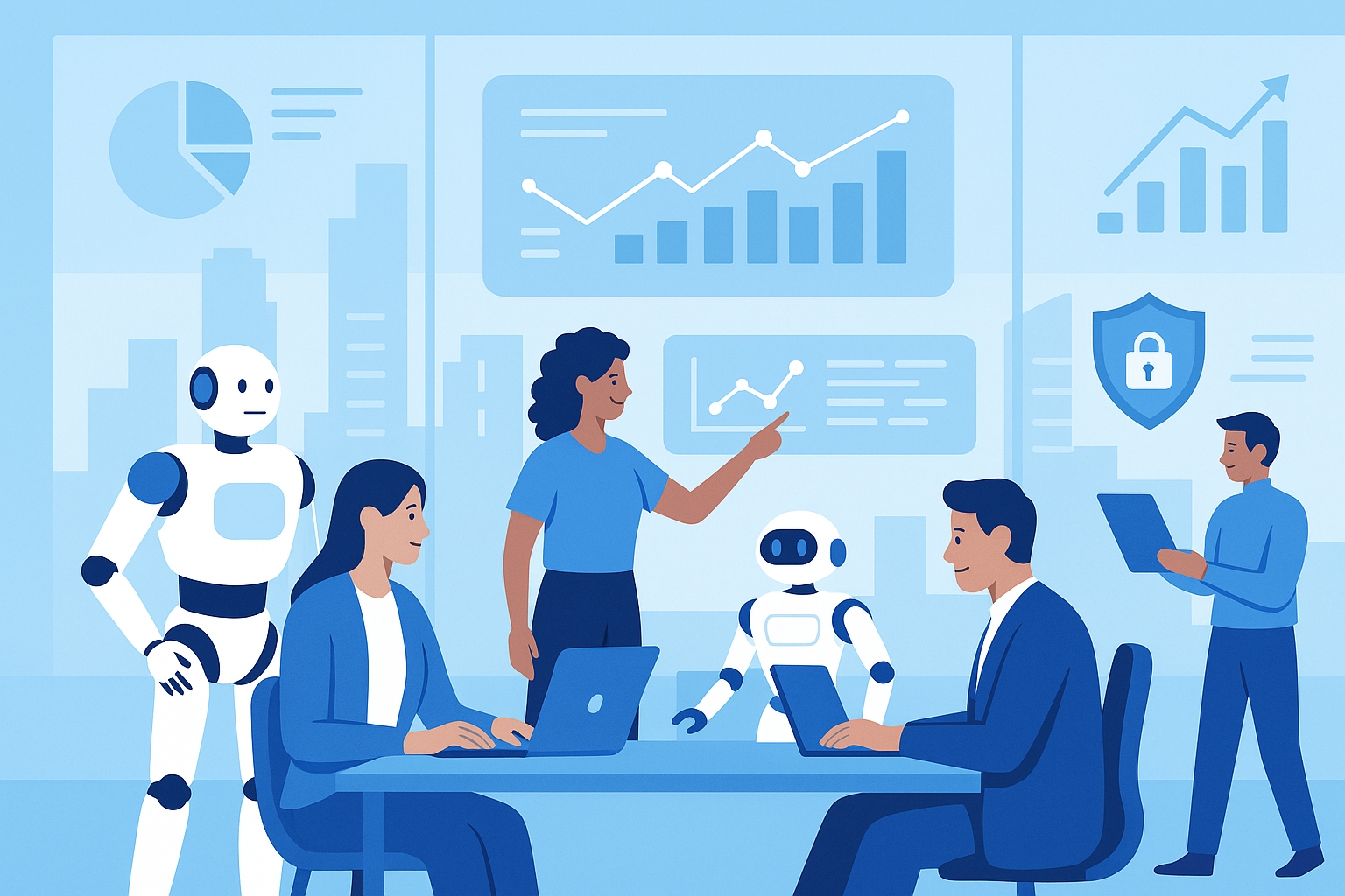 Professionals and AI systems working together in a futuristic 2035 office, representing the rise of future-proof careers in the AI era.