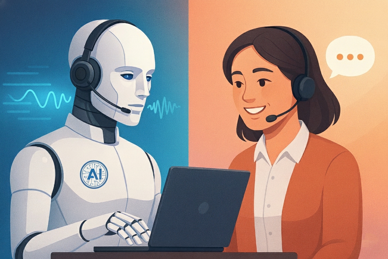 Illustration showing AI and a human agent working together on customer support, representing how AI transforms the industry — answering the question “Will AI replace customer support jobs."
