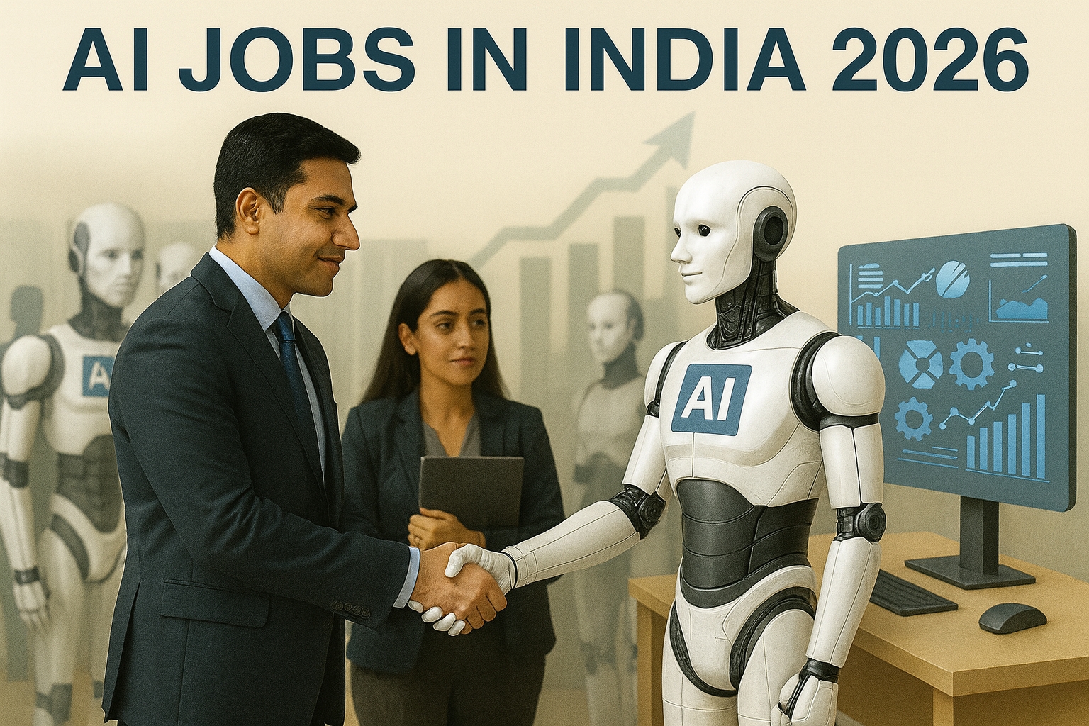 Indian professional shaking hands with a humanoid AI robot in an office, symbolizing emerging AI jobs in India 2026.