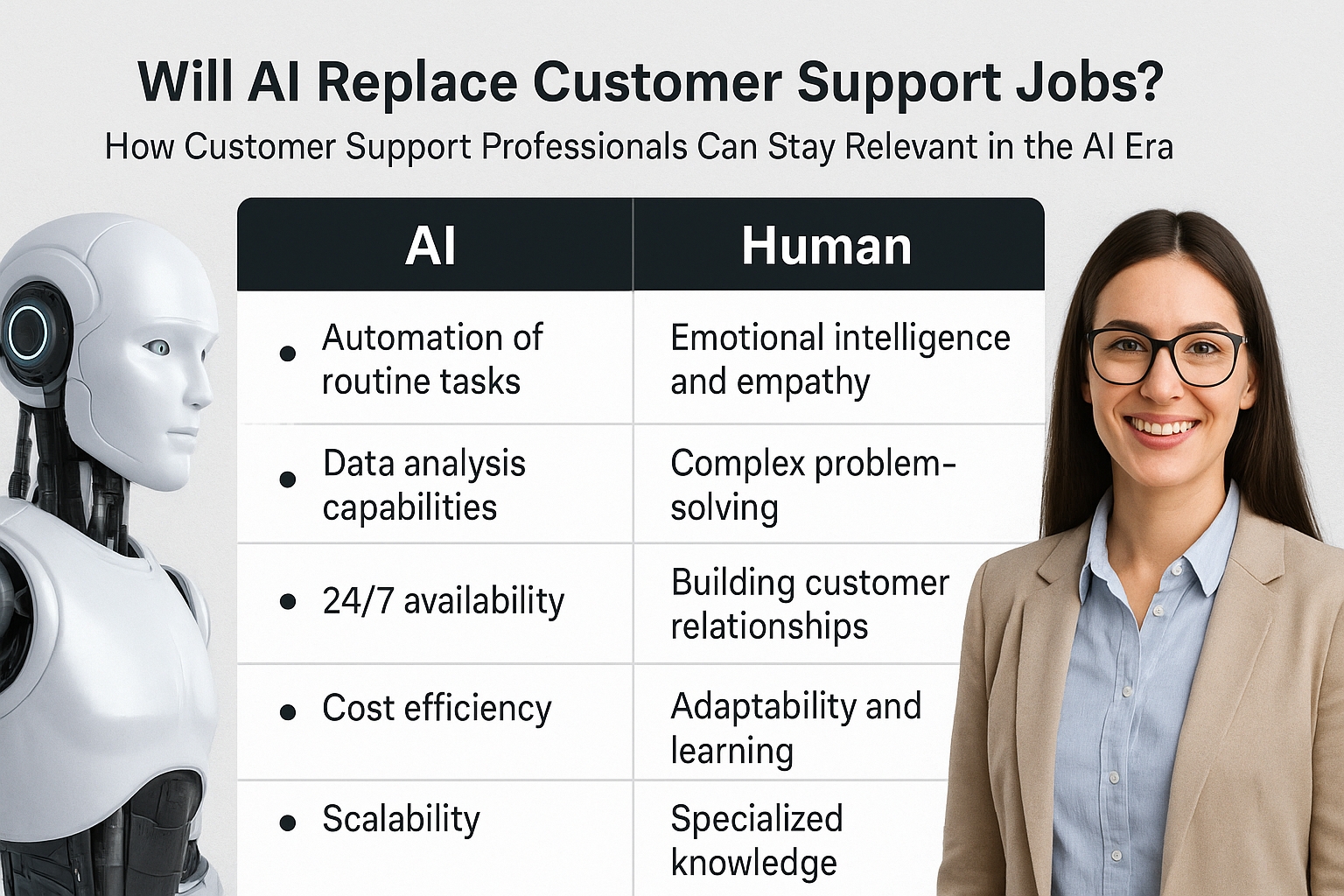 Infographic comparing AI and human strengths in customer support — automation, scalability, and 24/7 availability versus empathy, problem-solving, and relationship-building.