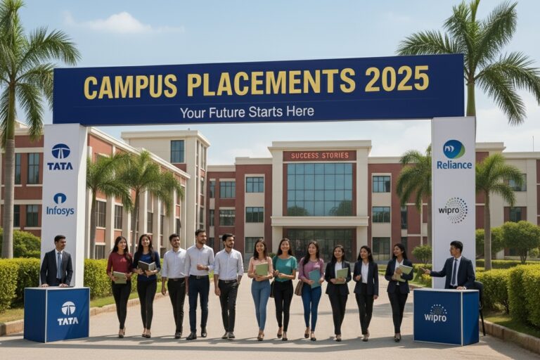 Students at campus placements 2025 in India with leading companies like TCS, Infosys, Reliance, and Wipro, highlighting AI’s impact on hiring.