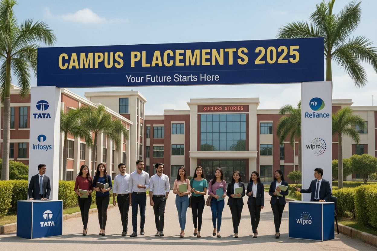 Students at campus placements 2025 in India with leading companies like TCS, Infosys, Reliance, and Wipro, highlighting AI’s impact on hiring.