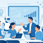 Professionals and AI robots collaborating on holographic data screens in a modern office, symbolizing teamwork, technology, and future-proof careers.