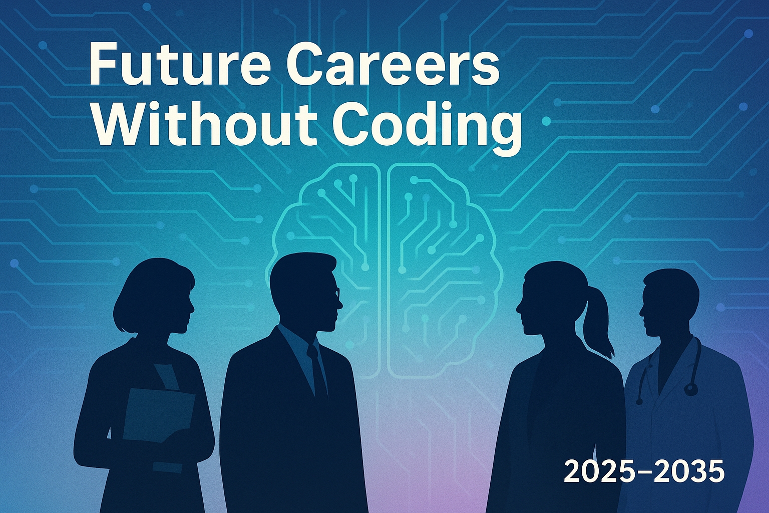 Professionals standing in front of an AI brain graphic representing future-proof careers for non-coders from 2025 to 2035.