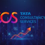 Tata Consultancy Services (TCS) logo with upward arrow and AI graphics symbolizing the rapid growth of TCS AI workforce 2025 and its investment in artificial intelligence talent.