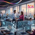Office environment showing professionals and robots working together at Tata Consultancy Services, symbolizing the expansion of TCS AI workforce 2025 and the future of tech jobs in India.