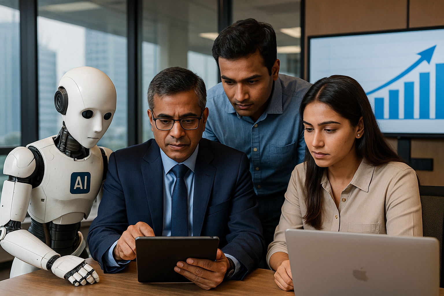 Professionals collaborating with an AI robot on digital data at an office table, representing AI jobs in India 2026.