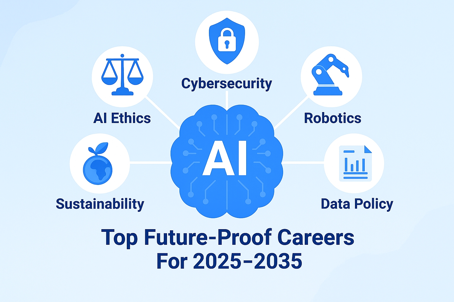 Illustration of key future-proof career fields including AI ethics, cybersecurity, robotics, and sustainability, symbolizing the top careers that will thrive by 2035.