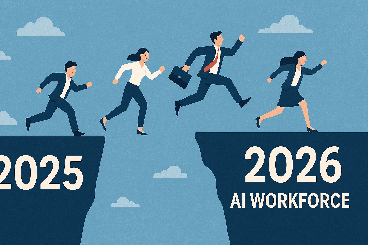 Workers jumping from 2025 to 2026 to join the AI workforce, representing AI jobs in India 2026.