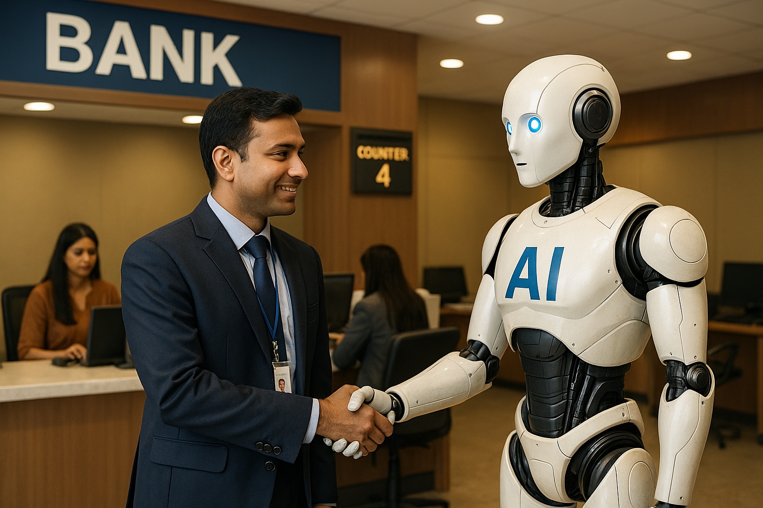 Bank employee in India shaking hands with an AI robot inside a bank office, showing human and machine collaboration.