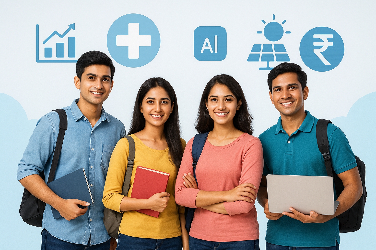 Indian college students with icons of future careers like AI, healthcare, renewable energy and finance, representing future proof careers for students.