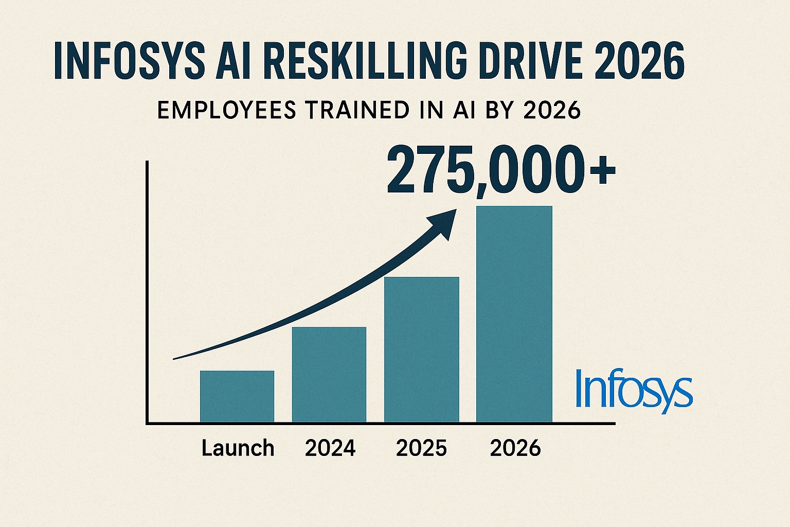 Bar chart showing Infosys AI Reskilling 2026 progress with 275,000 employees trained in AI.
