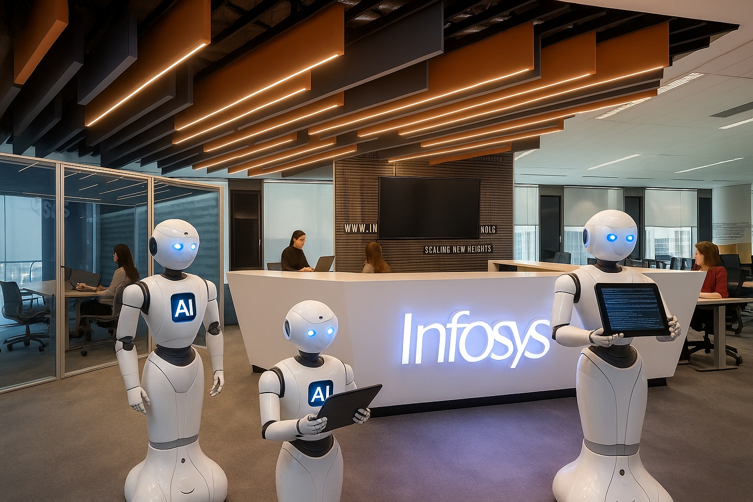 Infosys AI Reskilling 2026 initiative – AI robots at Infosys office symbolizing digital transformation and AI workforce training.